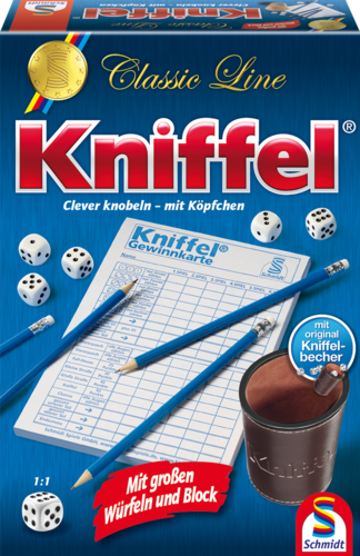 Kniffel (Classic Line) mit Lederwürfelbecher + gr. Spielblock DE